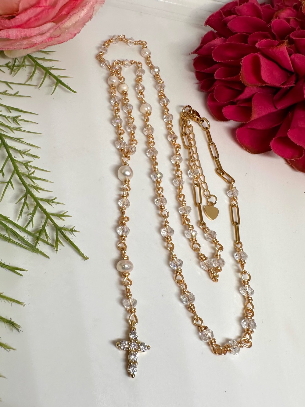 NEW ⚜️ Freshwater Pearl & Crystal Handmade Rosary Necklace - Picture 3 of 9